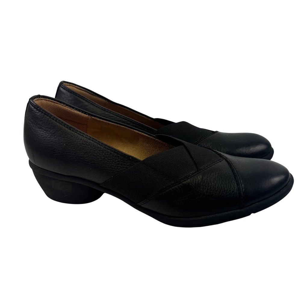 Comfortiva Quinton Black Leather Pump Elastic Gore Comfort Heels Round Women 9.5
